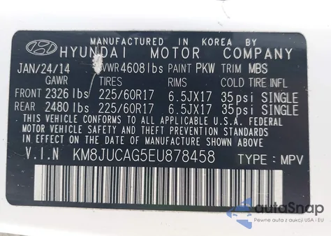 2014 Hyundai Tucson Se z USA, uszkodzony, nr VIN KM8JUCAG5EU878458